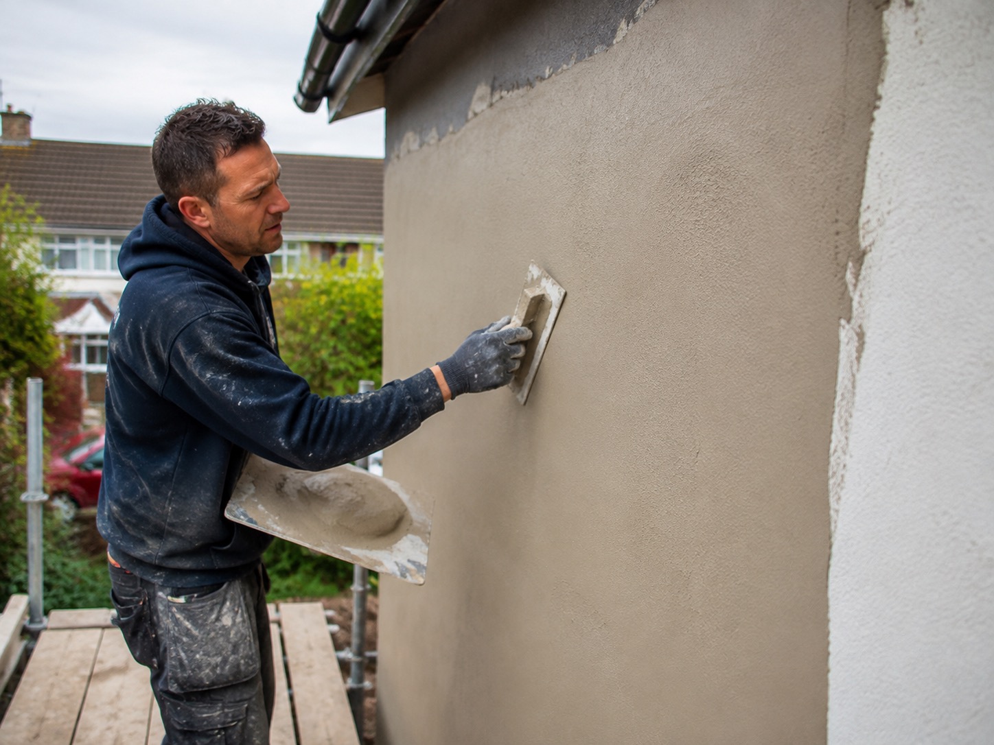 Plasterer applying render to an outside wall of a Manchester home
