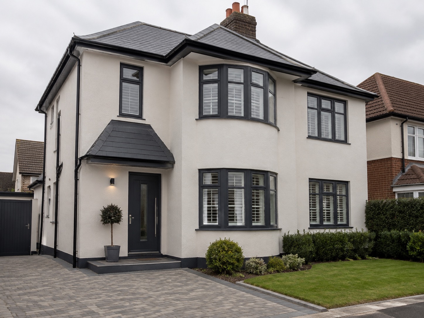 Freshly rendered UK house exterior with a clean smooth finish