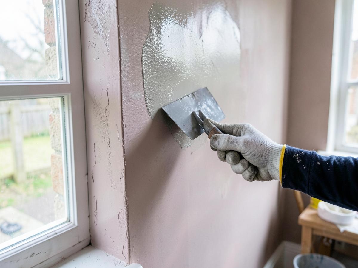Trowel smoothing wet skim plaster across an interior wall